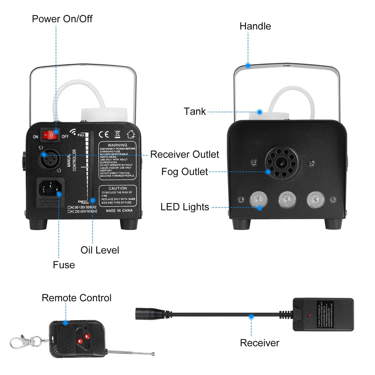 800W Fog Machine with 3 Color LED Lights (Red/Blue/Green) - 2000 CFM O ...